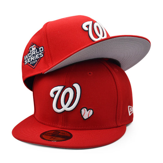 Washington Nationals 2019 WORLD SERIES Exclusive TEAM HEARTS New Era Fitted 59Fifty MLB Hat - Red