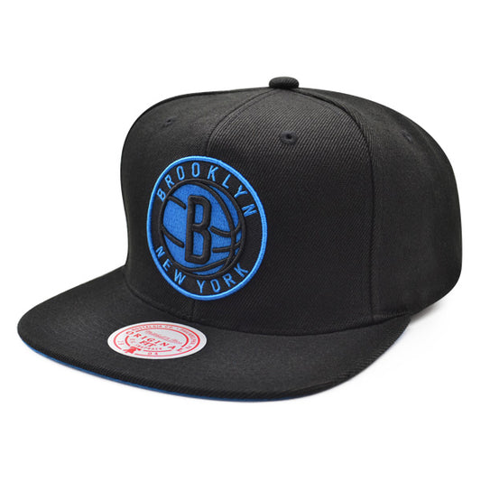 Brooklyn Nets Mitchell & Ness HIGH LIGHT Snapback NBA Hat - Black/Blue Pop