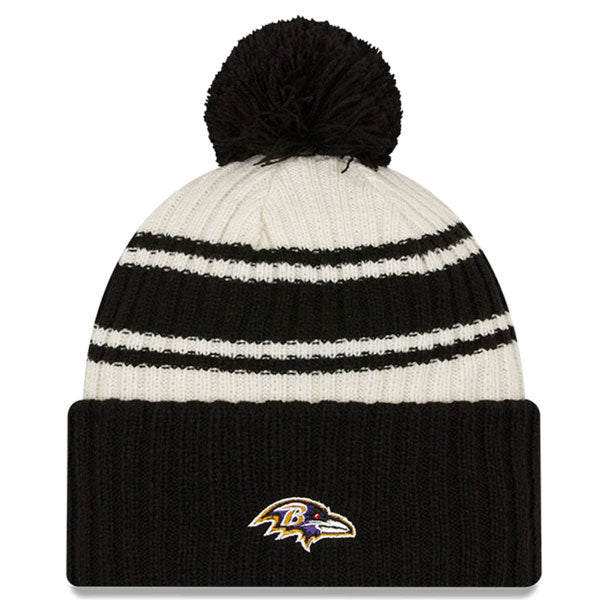 Baltimore Ravens New Era 2022 Sideline Sport Cuffed Pom Knit Hat - Cream/Black