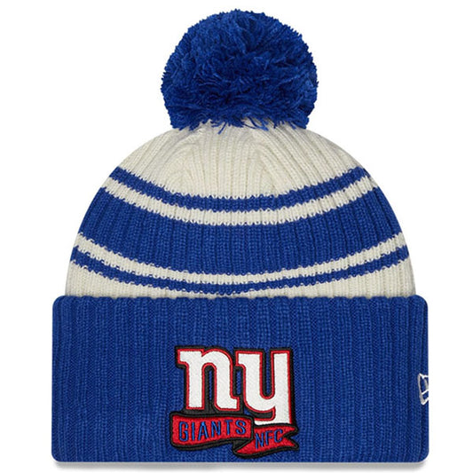 New York Giants New Era 2022 Sideline Sport Cuffed Pom Knit Hat - Cream/Royal
