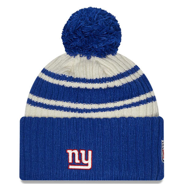 New York Giants New Era 2022 Sideline Sport Cuffed Pom Knit Hat - Cream/Royal