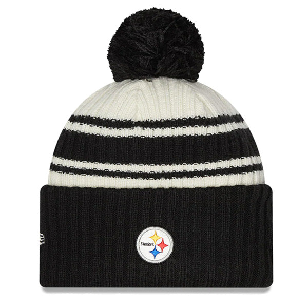 Pittsburgh Steelers New Era 2022 Sideline Sport Cuffed Pom Knit Hat - Cream/Black