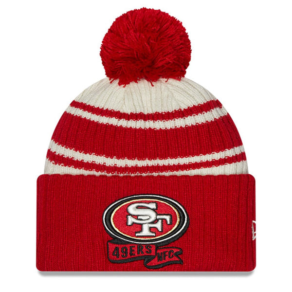 San Francisco New Era 2022 Sideline Sport Cuffed Pom Knit Hat - Cream/Red