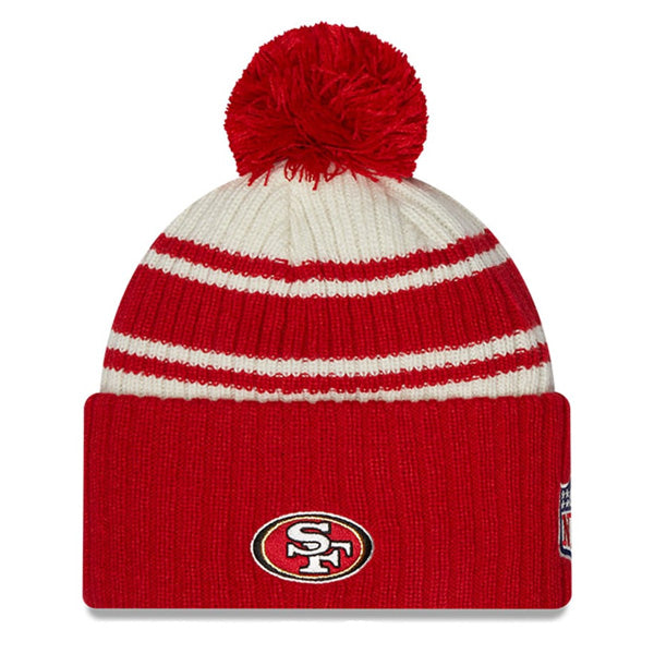 San Francisco New Era 2022 Sideline Sport Cuffed Pom Knit Hat - Cream/Red