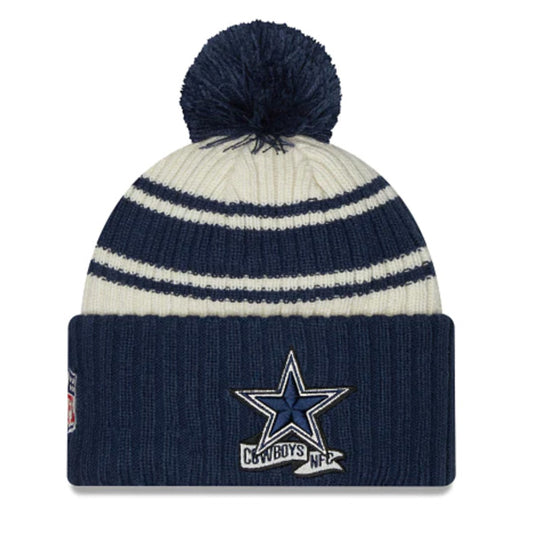Dallas Cowboys New Era 2022 Sideline Sport Cuffed Pom Knit Hat - Cream/Navy