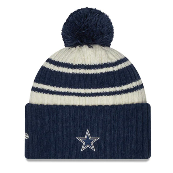 Dallas Cowboys New Era 2022 Sideline Sport Cuffed Pom Knit Hat - Cream/Navy